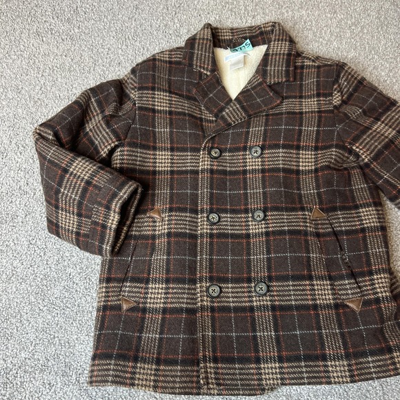 Janie And Jack Pea Coat Kids 4-5 Brown Plaid Wool Faux Fur Lined Winter‎ preppy - Picture 2 of 13